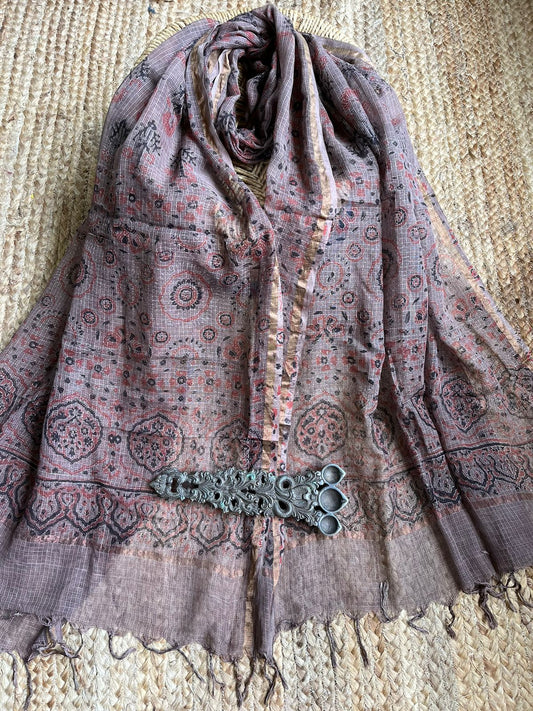 Taupe grey and black kota ajrak handcrafted dupatta