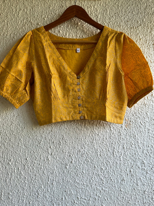 Yellow and golden cotton blouse with wooden button