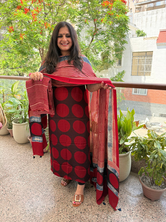 Red maroon ajrakh modal silk handblock kurta set