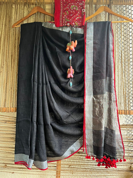 Charcoal black linen cotton sari with woven red border & tasels and palla