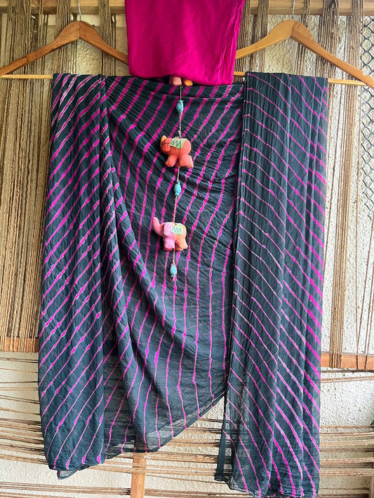 Black pink leheriya bandhani chiffon sari cl-106