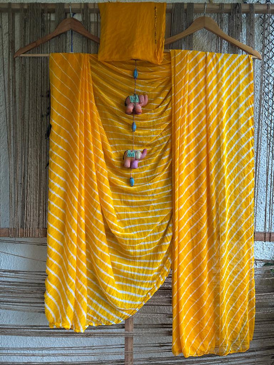 Mango yellow leheriya handcrafted chiffon sari