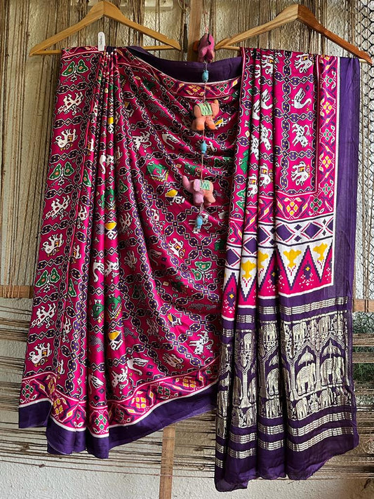 Purple with pink modal silk patola sari with zari border pms-10108