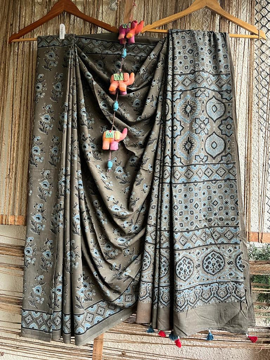 Grey mull cotton ajrakh hand crafted sari