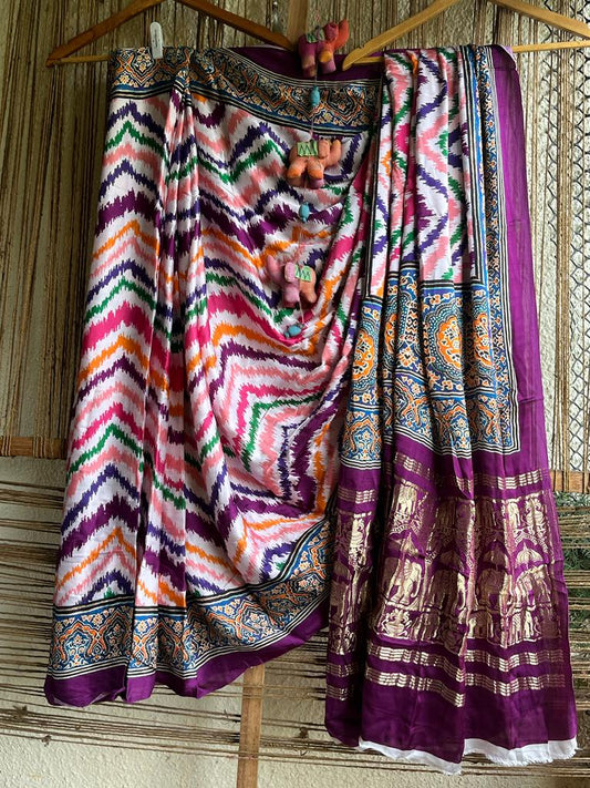 Purple peach modal silk patola sari with zari border pms- 1094