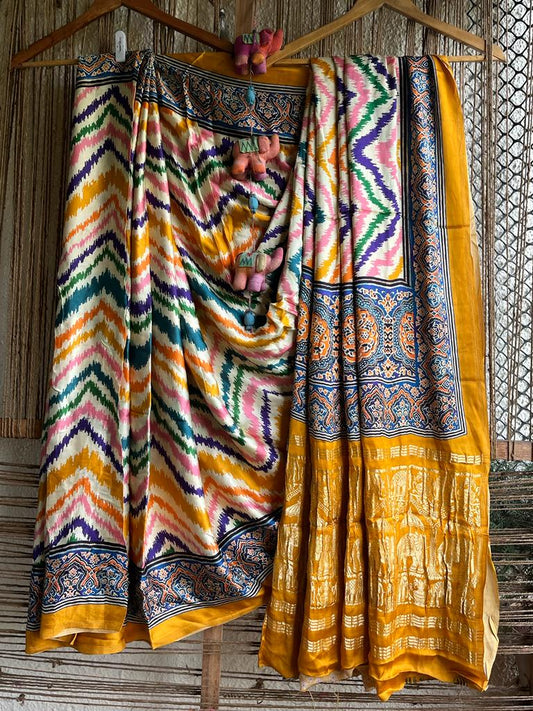 Mustard peach modal silk patola sari with zari border pms- 1095