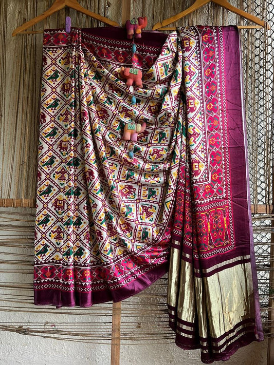Maroon modal silk patola print sari with zari border pms- 1014