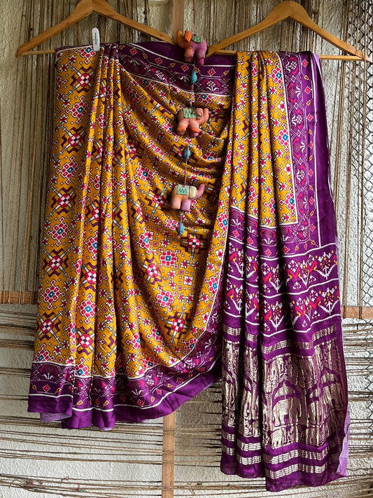 Mustard purple modal silk patola print sari with zari border pms- 109