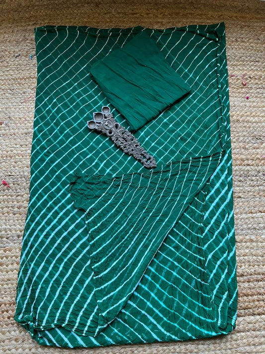 Bottle green leheriya handcrafted chiffon sari