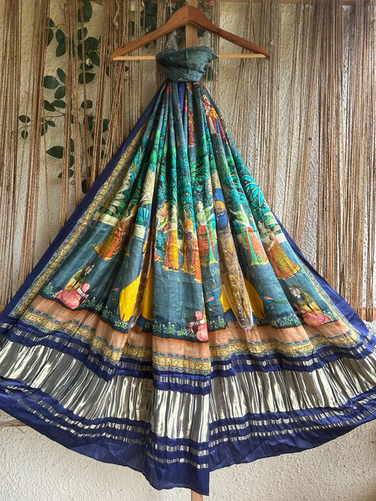 Blue grey patola print modal silk dupatta