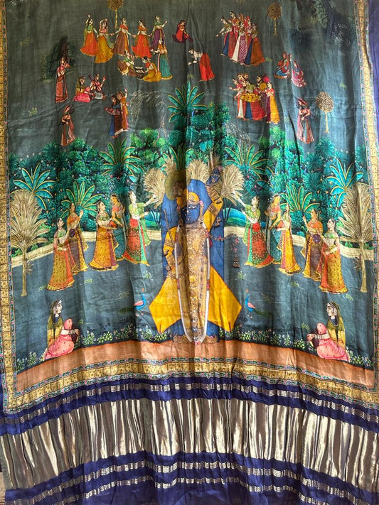 Blue grey patola print modal silk dupatta