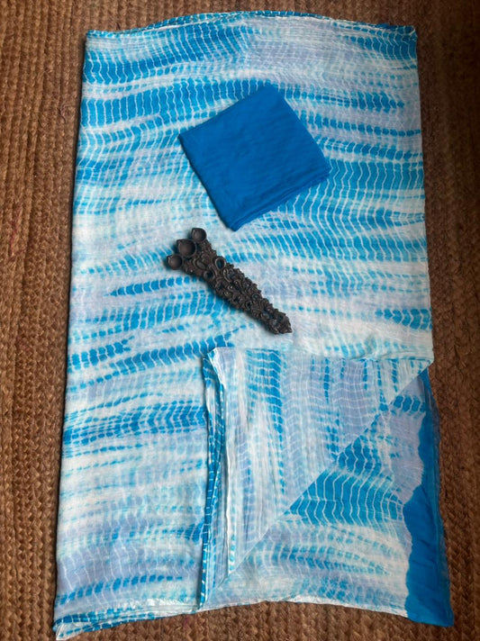 White blue shibori handcrafted chiffon sari