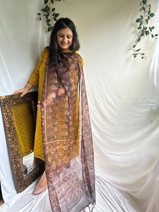 Chikoo brown kota ajrak handcrafted dupatta