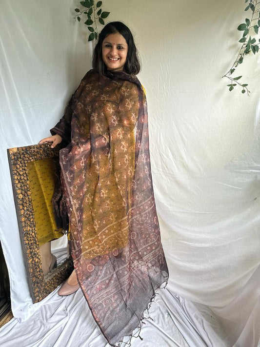 Chikoo brown kota ajrak handcrafted dupatta
