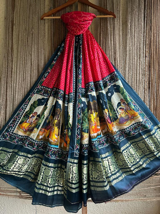 Red blue pichwai patola print modal silk dupatta