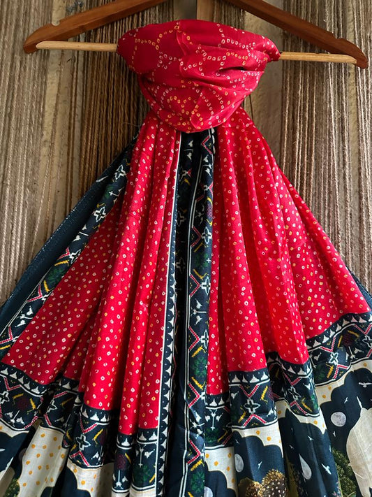 Red blue pichwai patola print modal silk dupatta