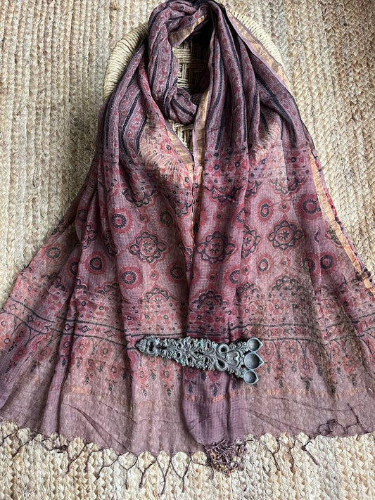 Brick red & black line print kota ajrak handcrafted dupatta