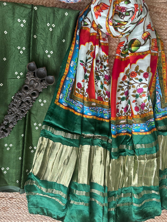 Green 3bandhani mashru silk kurta with patola handcrafted modal silk dupatta ps-10145