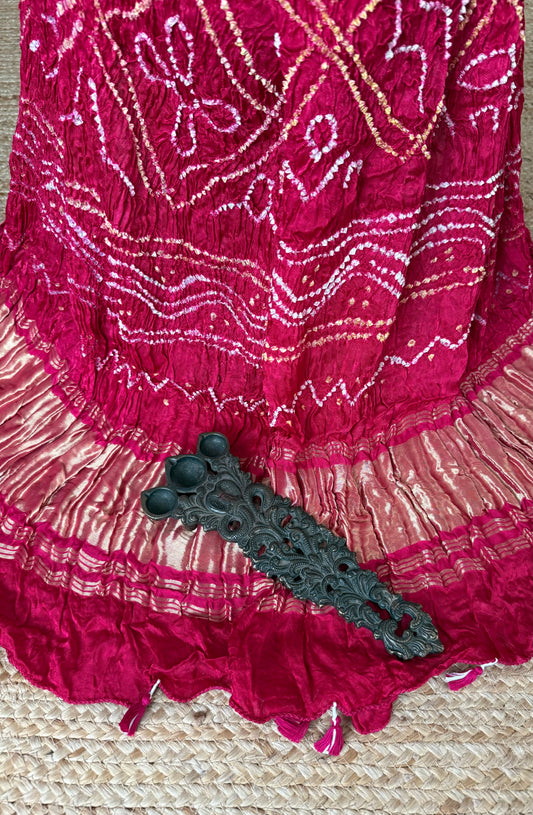Pink small bandhani dupatta in gharchola design with nakshi border