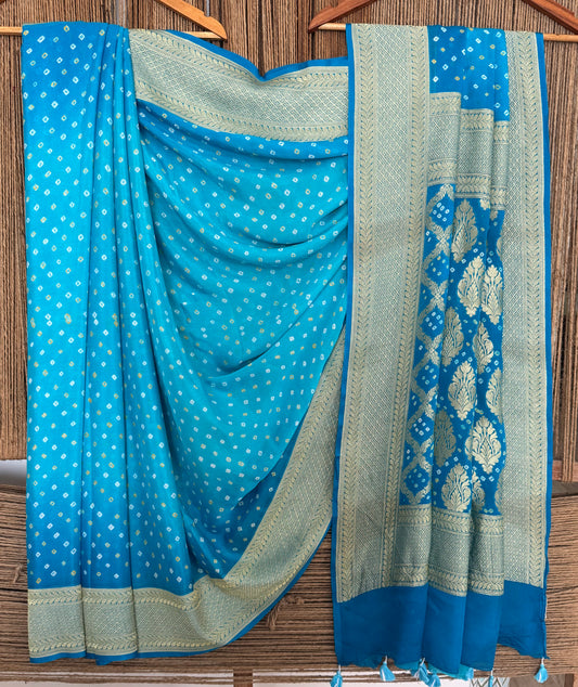 Blue handwoven neem zari bareek bandhani saree with khaddi georgette