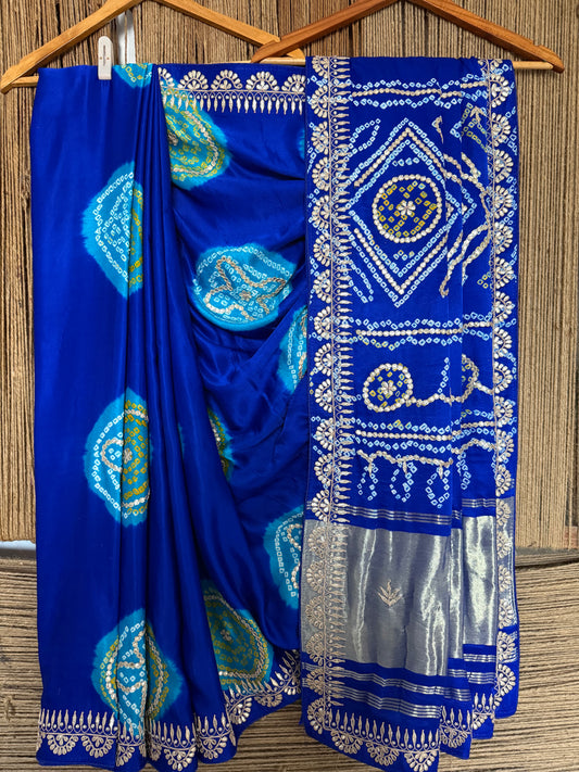 Royal blue chakra theme rai bandhani gajji silk sari with handembroidery gotta patti