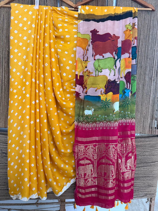 Yellow & pink modal silk bandhani  sari with pichwai print bps 49