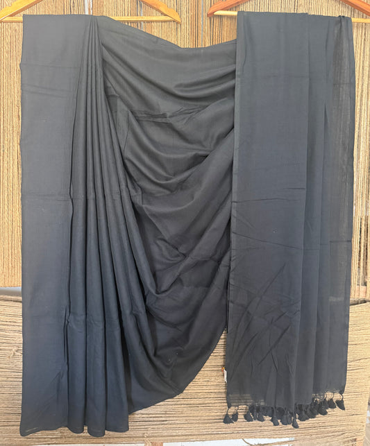 Black cotton mull handloom sari