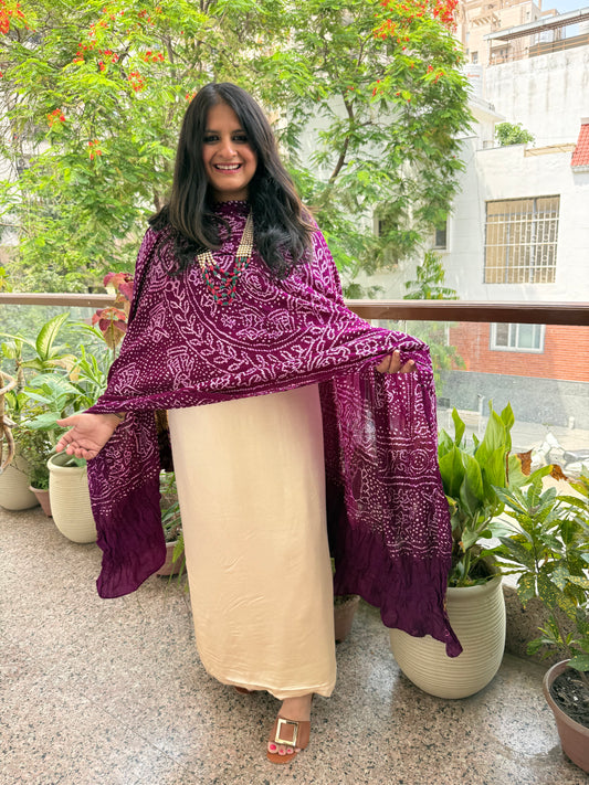 Ivory gajji and purple shade handwoven bareek bandhani dupatta  in pure gajji  kurta set