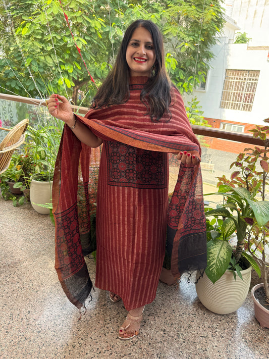 Maroon ajrakh linen silk handblock suit set