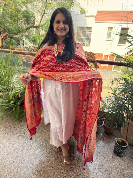 Red handwoven bareek bandhani in meenakari jaal  premium georgette dupatta