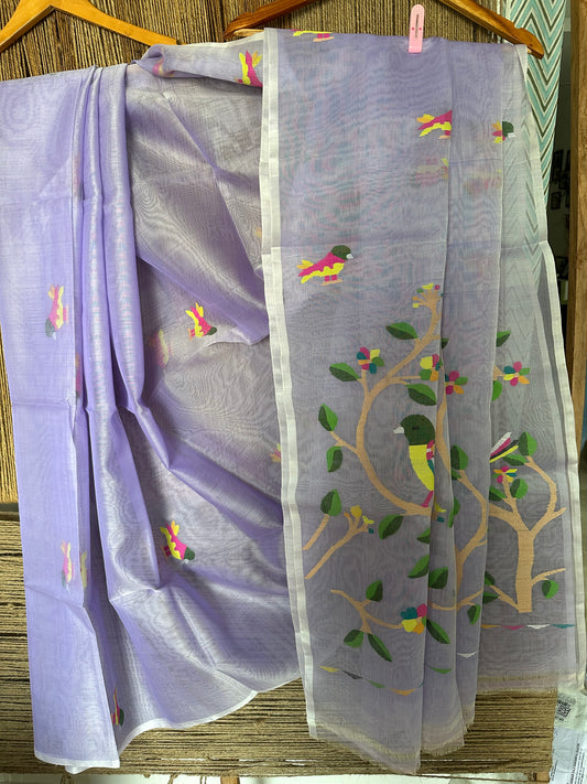 Lavender purple jamdani handwoven pure muslin silk sari