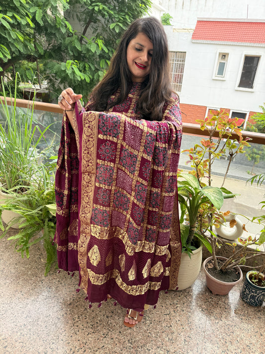 Jam purple  solid modal silk suit with ajrakh  gharchola handcrafted modal silk dupatta  ps-229