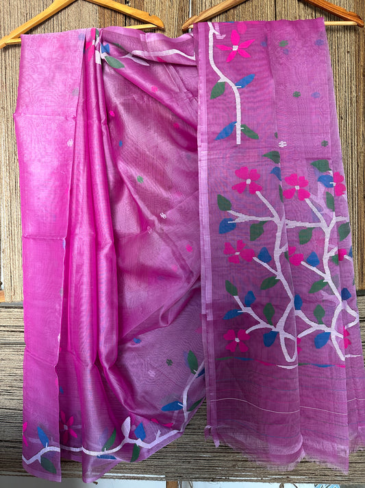 Purple jamdani handwoven pure muslin silk sari