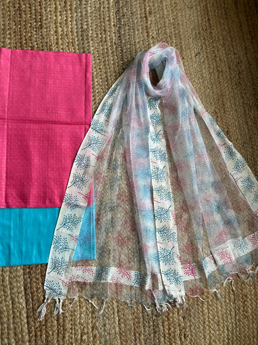 Magenta pink solid  kurta with organza hand woven dupatta