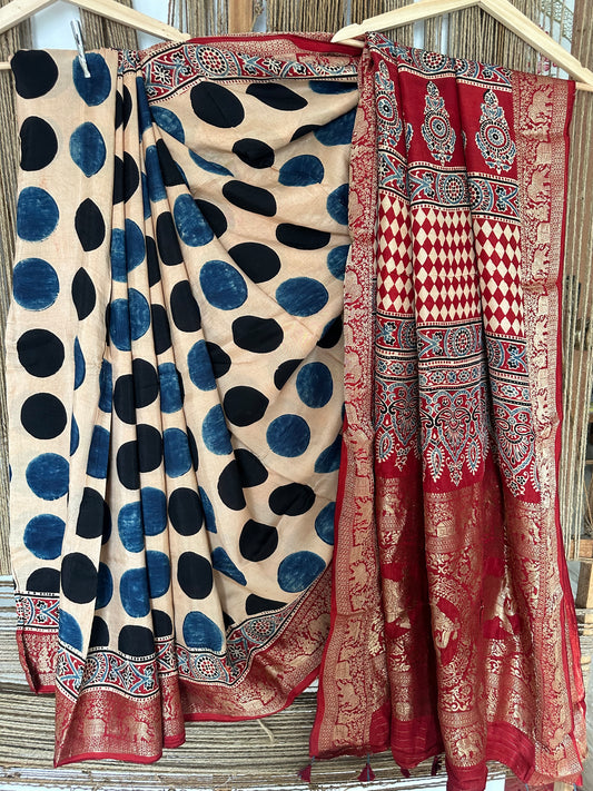 Beige polka dola  silk ajrakh zari border sari
