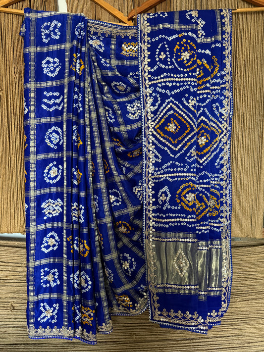 Blue rai bandhani gharcholagajji silk sari with handembroidery gotta patti
