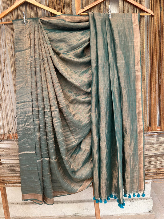 Teal blue metallic linen sari with woven  border &amp;  tassels