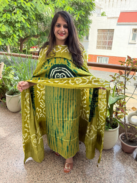 Olive green modal silk shibori kurta with bandhani shibori  handcrafted modal silk dupatta sbs-2
