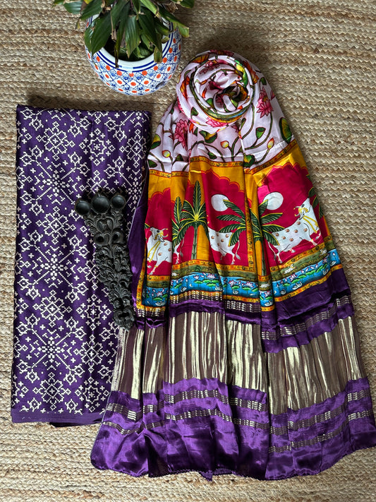 Purple patola mashru silk kurta with patola handcrafted modal silk dupatta ps-207