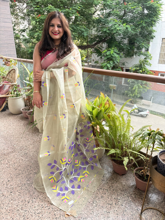 Grey jamdani handwoven pure muslin silk sari
