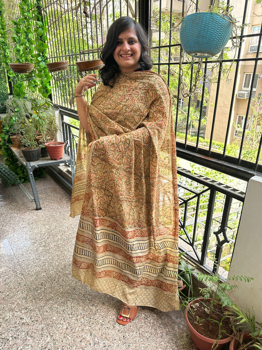 Mehendi green maroon beige kalamkari mull cotton handcrafted dupatta