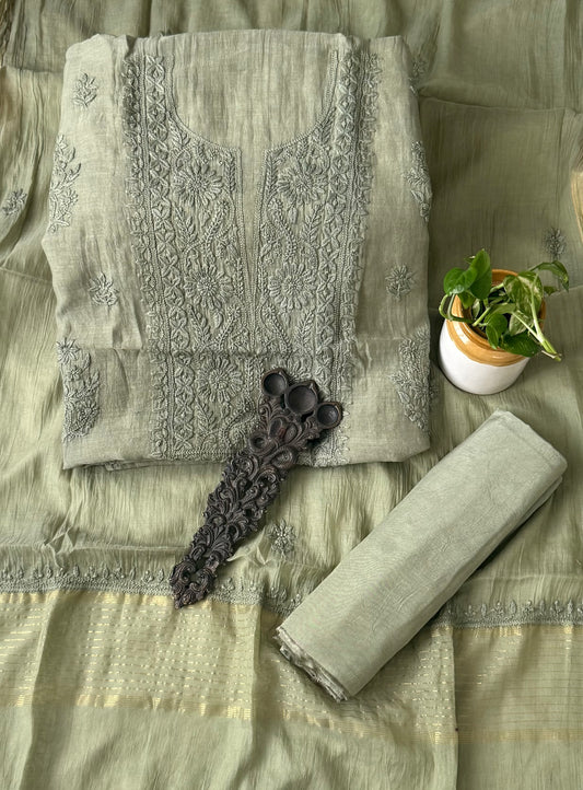 Evergreen premium  chanderi cotton lucknowi chickenkari hand embroidery three piece suit