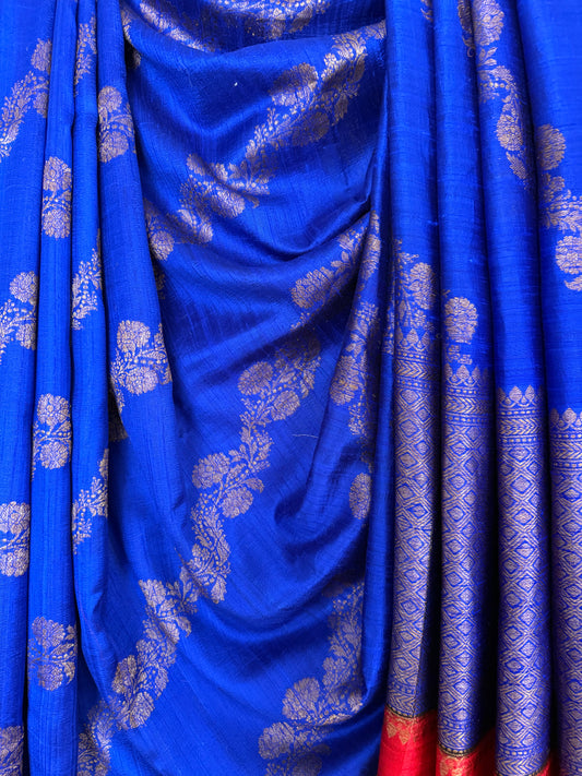 Azure blue raw silk certified  handloom banarsi sari with woven zari