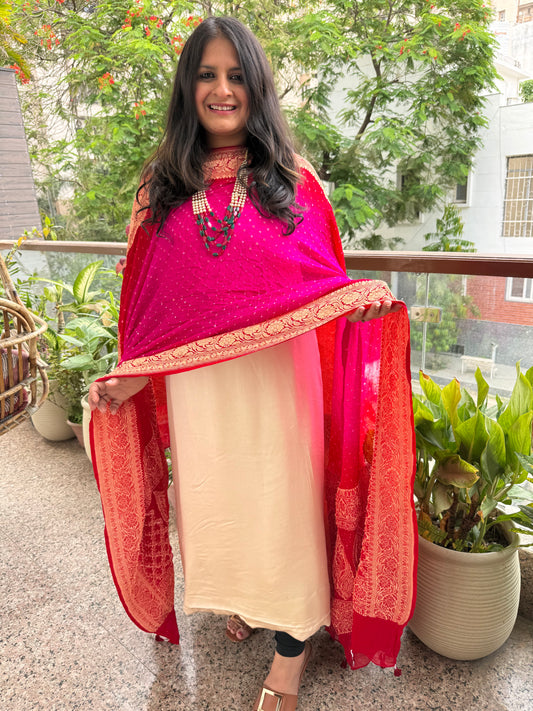 Ivory gajji and pink & red ombrã© shade handwoven bareek bandhani in meenakari jaal  premium georgette kurta set