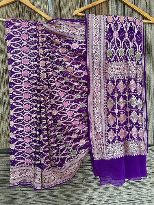 Orchid purple handwoven neem zari bareek bandhani saree with khaddi georgette with meenakari work   bs- 23