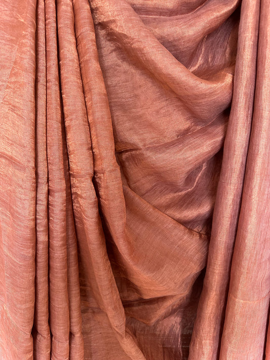 005 rust golden metallic linen sari with silver woven  border and tassels