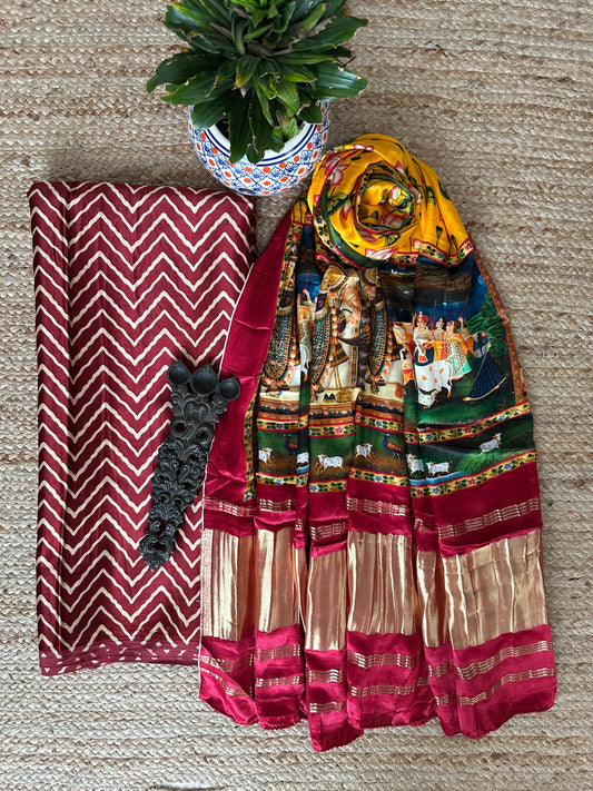 Maroon zigzag mashru silk kurta with patola handcrafted modal silk dupatta ps-3