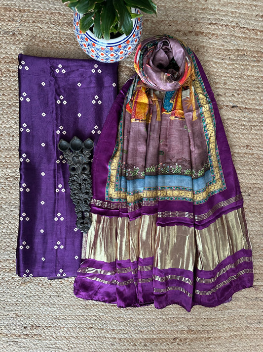 Purple three dots mashru silk kurta with patola handcrafted modal silk dupatta ps-37