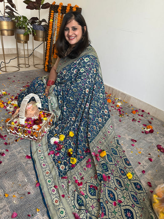 Blue handwoven neem zari bareek bandhani saree with khaddi georgette with meenakari work  bs- 50