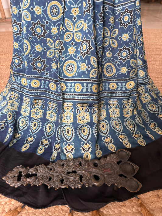Indigo blue ajrakh modal silk handcrafted stole